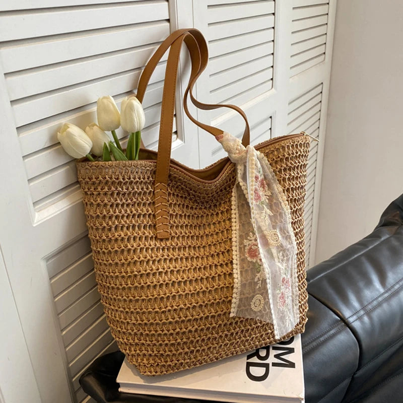 Women's Handwoven Straw Tote Bag | Summer Large Capacity Shoulder Bag