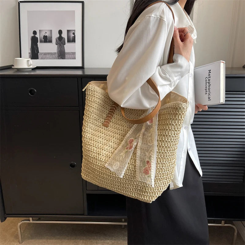 Women's Handwoven Straw Tote Bag | Summer Large Capacity Shoulder Bag