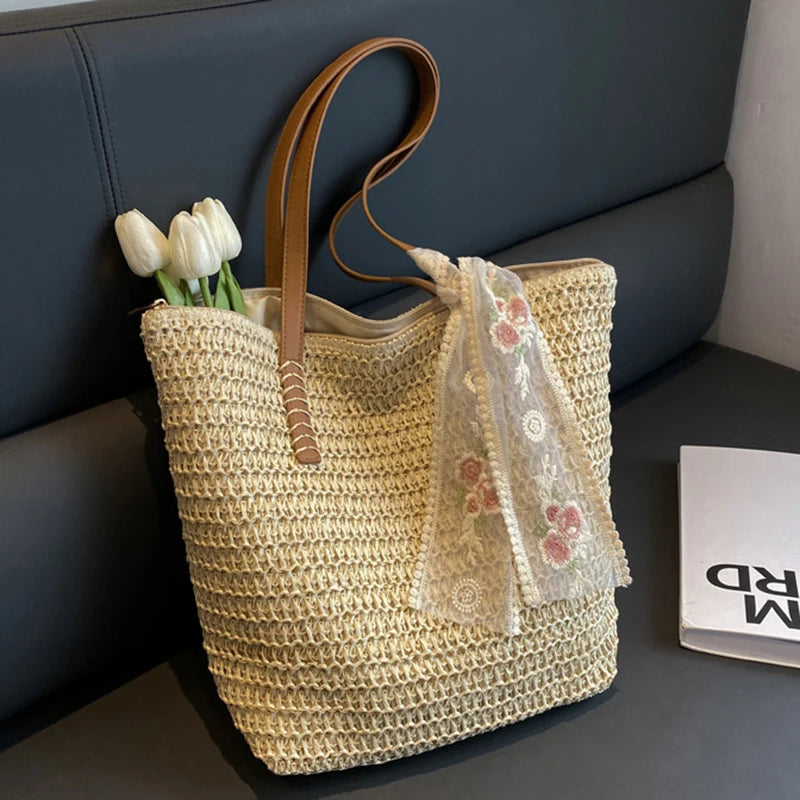 Women's Handwoven Straw Tote Bag | Summer Large Capacity Shoulder Bag